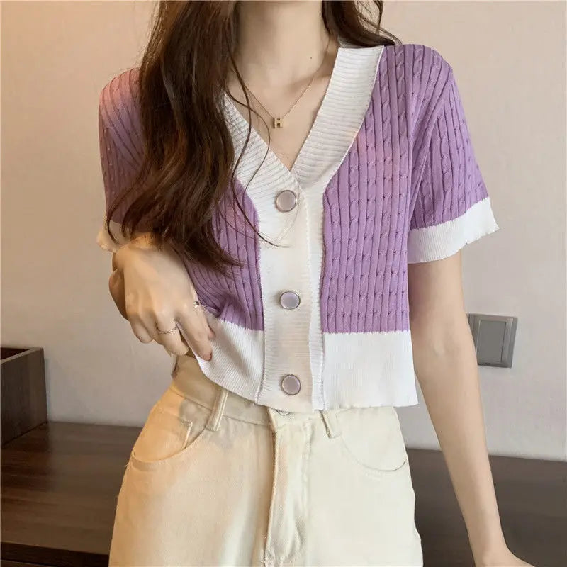 V-neck Fitted Crop Knit Cardigan