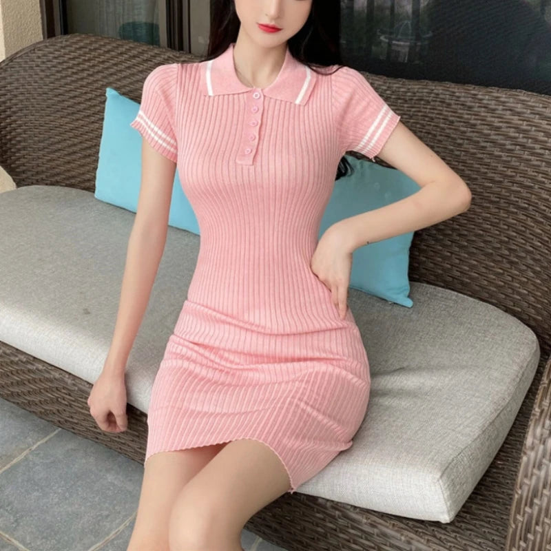 Preppy Style Summer Dresses For Women Turn-down Collar Solid Cotton Knitted Short-sleeved Button Versatile Sheath Mini Dresses